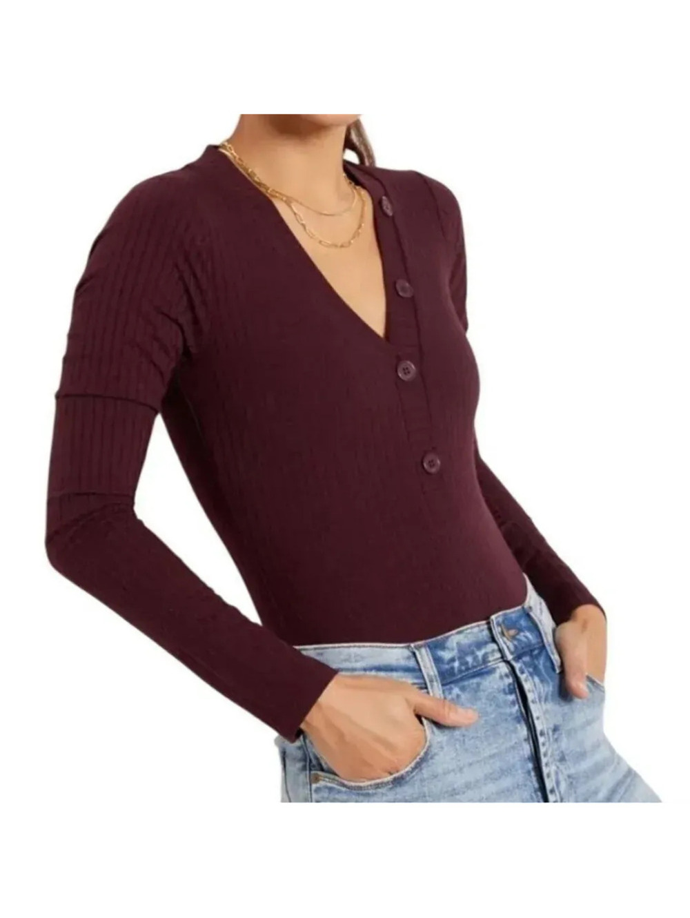 Good American NWT Ribbed Long Sleeve Henley Bodysuit - Size Medium - MSRP $109
